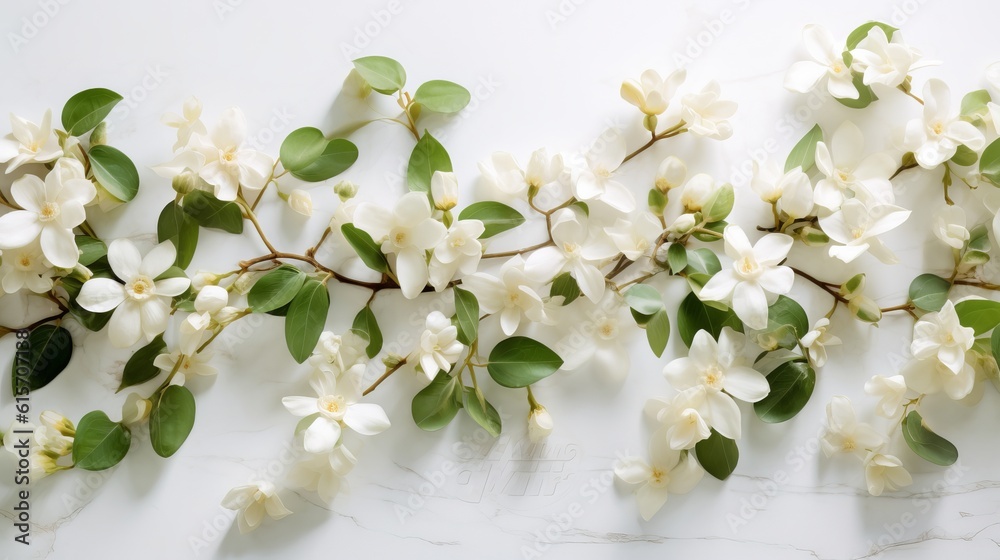 panoramic shot of jasmine flowers on white surface Generative AI panoramic shot of jasmine flowers on white surface Generative AI