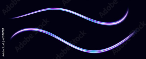 Blue, purple, neon multicolored glowing swirl. The effect of moving at the speed of light. Easy trail. Shiny wavy path. Vector.