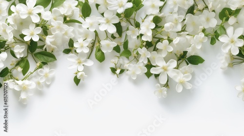panoramic shot of jasmine flowers on white surface Generative AI