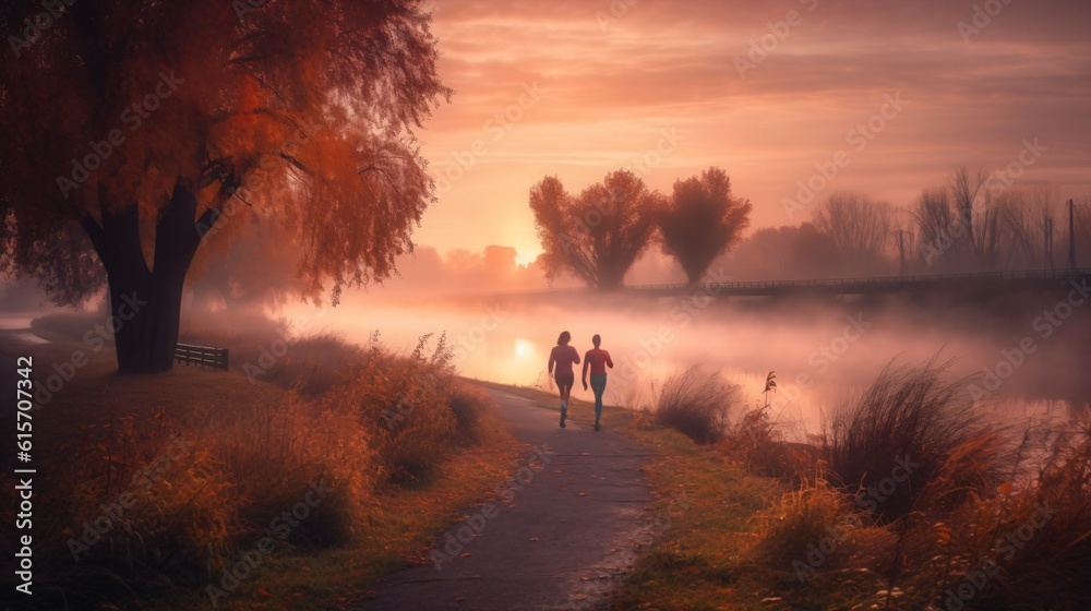 A couple enjoying a peaceful morning run along a scenic riverside path, with the soft glow of sunrise painting the sky in hues of pink and orange . Generative AI. A couple enjoying a peaceful morning run along a scenic riverside path, with the soft glow of sunrise painting the sky in hues of pink and orange . Generative AI.