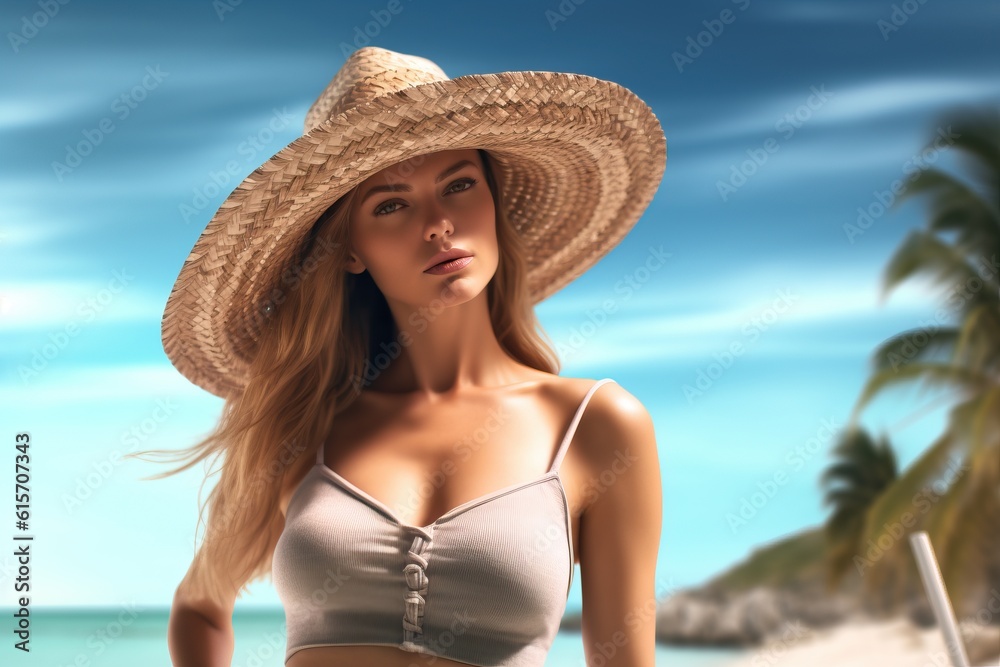 Portrait beautiful woman on the beach wearing straw hat made with Generative AI