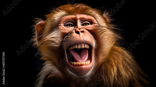 Funny Portrait of Smiling Barbary Macaque Monkey  showing teeth Isolated on Black Background Generative AI