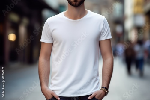 Man with white t-shirt front, mockup template for design print - Generative AI 