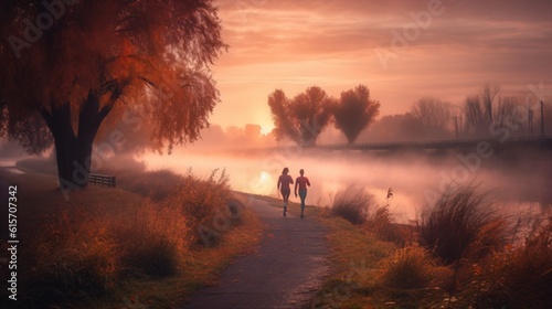 A couple enjoying a peaceful morning run along a scenic riverside path  with the soft glow of sunrise painting the sky in hues of pink and orange . Generative AI. 