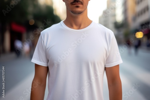 Man with white t-shirt front, mockup template for design print - Generative AI 