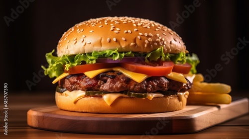 Close-up home made beef burger on wooden table Generative AI