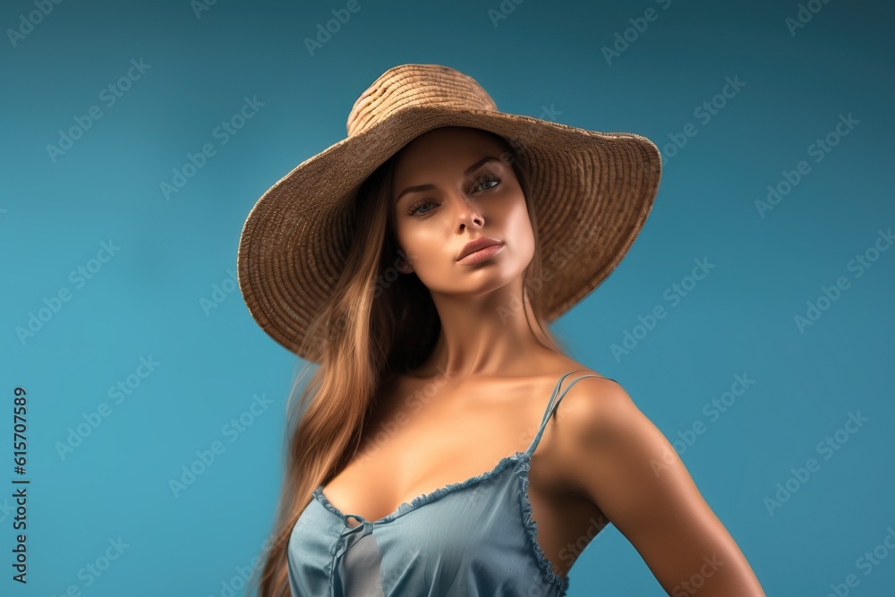 Portrait beautiful woman on wearing straw hat made with Generative AI Portrait beautiful woman on wearing straw hat made with Generative AI
