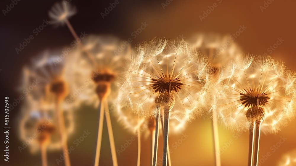 Abstract blurred nature background dandelion seeds parachute. Abstract nature bokeh pattern Generative AI