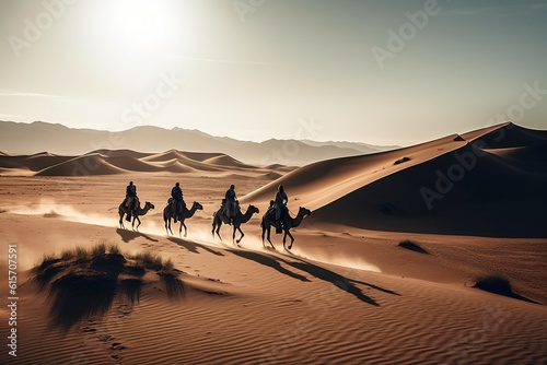 A group of Bedouin tribesmen crossing the vast expanse of the Sahara Desert on their camels, under a scorching sun . Generative AI. 