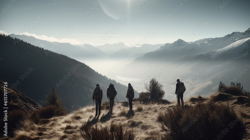 A group of friends enjoying a refreshing hike in the mountains, with breathtaking views of valleys and snow-capped peaks, as they breathe in the crisp, clean air . Generative AI. A group of friends enjoying a refreshing hike in the mountains, with breathtaking views of valleys and snow-capped peaks, as they breathe in the crisp, clean air . Generative AI.