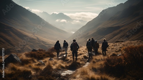 A group of friends enjoying a refreshing hike in the mountains, with breathtaking views of valleys and snow-capped peaks, as they breathe in the crisp, clean air . Generative AI. 