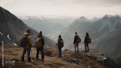 A group of friends enjoying a refreshing hike in the mountains, with breathtaking views of valleys and snow-capped peaks, as they breathe in the crisp, clean air . Generative AI. 
