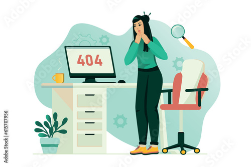404 error concept with people scene in the flat cartoon design. An office worker is trying to fix a computer error. Vector illustration.