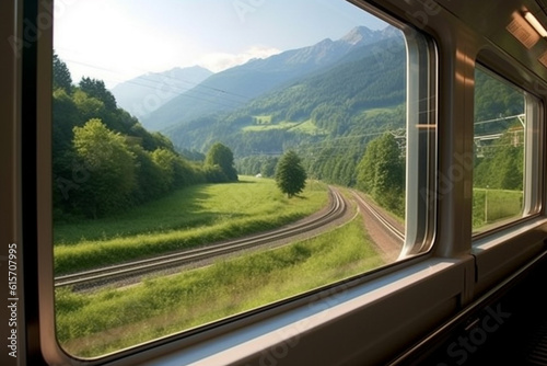 The train view from the window. Panoramic and free view, perspective, rest in motion, vacation freedom. Relaxation. It beckons the unknown in the future. Sunset through the window.