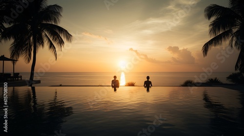 A luxurious infinity pool overlooking a tropical beach at sunset, with silhouettes of palm trees and a couple enjoying the view . Generative AI.  © XtravaganT