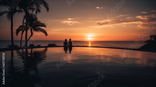 A luxurious infinity pool overlooking a tropical beach at sunset, with silhouettes of palm trees and a couple enjoying the view . Generative AI. © XtravaganT