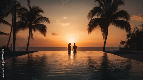 A luxurious infinity pool overlooking a tropical beach at sunset, with silhouettes of palm trees and a couple enjoying the view . Generative AI.  © XtravaganT