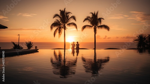 A luxurious infinity pool overlooking a tropical beach at sunset  with silhouettes of palm trees and a couple enjoying the view . Generative AI. 