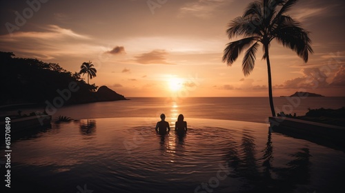 A luxurious infinity pool overlooking a tropical beach at sunset, with silhouettes of palm trees and a couple enjoying the view . Generative AI.  © XtravaganT