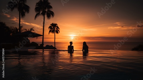 A luxurious infinity pool overlooking a tropical beach at sunset  with silhouettes of palm trees and a couple enjoying the view . Generative AI. 