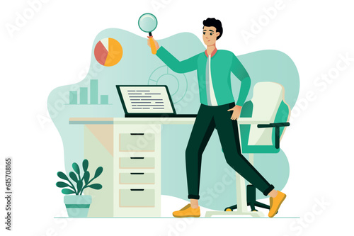 Data analysis concept with people scene in the flat cartoon style. The employee works with data processing in charts. Vector illustration.