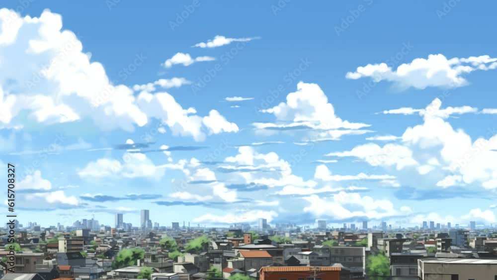anime video of stunning natural ballet of cloud formations gliding across the azure skies above a bustling Japanese city