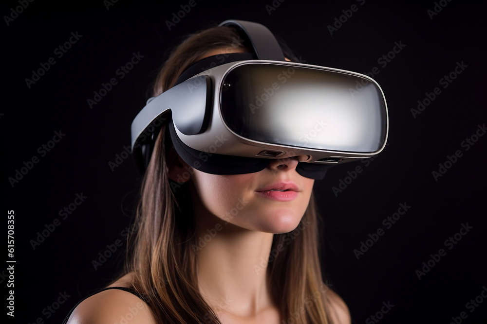 Woman wearing a VR-Headset. Illustrative Generative AI. Not a real person. Woman wearing a VR-Headset. Illustrative Generative AI. Not a real person.