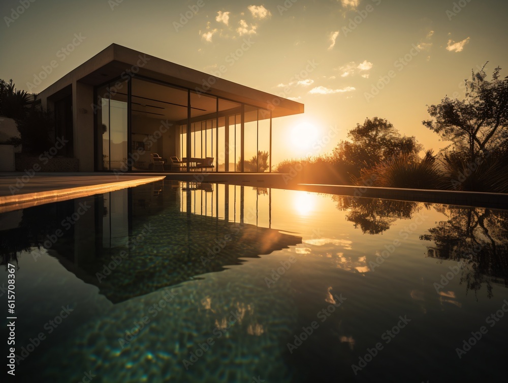 A modern infinity pool adjacent to a minimalist villa, reflecting the setting sun and casting beautiful shadows . Generative AI. A modern infinity pool adjacent to a minimalist villa, reflecting the setting sun and casting beautiful shadows . Generative AI.