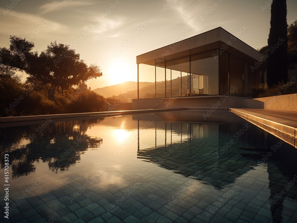 A modern infinity pool adjacent to a minimalist villa, reflecting the setting sun and casting beautiful shadows . Generative AI. 
