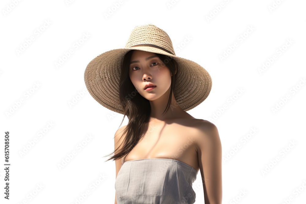Portrait asian woman wearing straw hat made with Generative AI Portrait asian woman wearing straw hat made with Generative AI