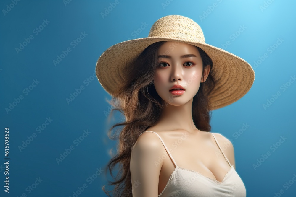 Portrait asian woman wearing straw hat made with Generative AI Portrait asian woman wearing straw hat made with Generative AI