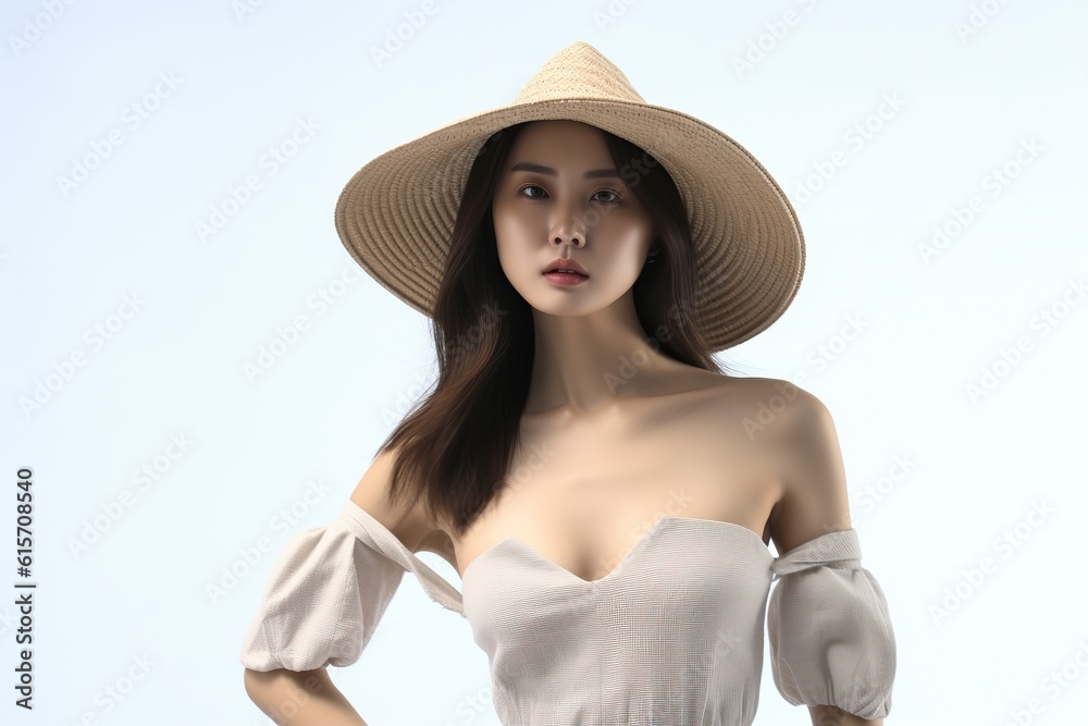 Portrait asian woman wearing straw hat made with Generative AI Portrait asian woman wearing straw hat made with Generative AI