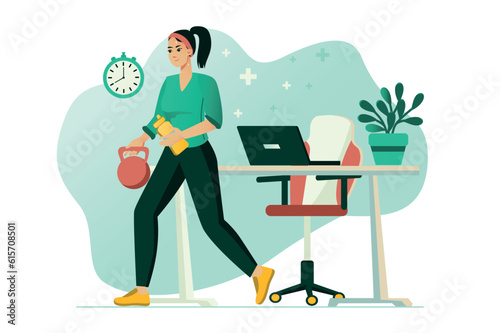 Fitness gym concept with people scene in the flat cartoon design. The girl does sports in the breaks between work. Vector illustration.