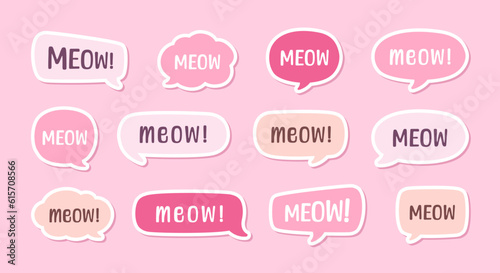 MEOW speech bubble set sticker design. Meow text. Cute hand drawn quote. Cat sound hand lettering. Doodle phrase. Vector illustration for print, sticker sheet, card, poster etc.