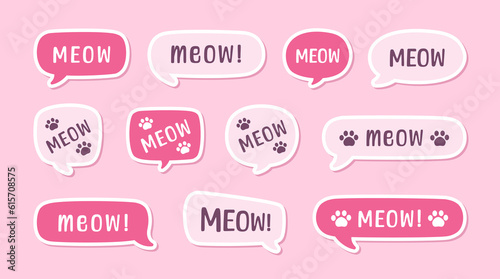MEOW speech bubble sticker set. Meow text. Cute hand drawn quote. Cat sound hand lettering. Doodle phrase. Vector illustration for print on shirt, card, poster etc.