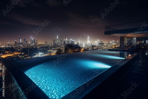 A stunning infinity pool on a rooftop, offering a panoramic view of a bustling city skyline at night . Generative AI.  © XtravaganT