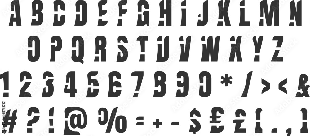 Black bold cut style alphabet set. Vector decorative typography. Decorative typeset style. Latin script for headers. Trendy letters and numbers for graphic posters, banners, invitations texts Black bold cut style alphabet set. Vector decorative typography. Decorative typeset style. Latin script for headers. Trendy letters and numbers for graphic posters, banners, invitations texts