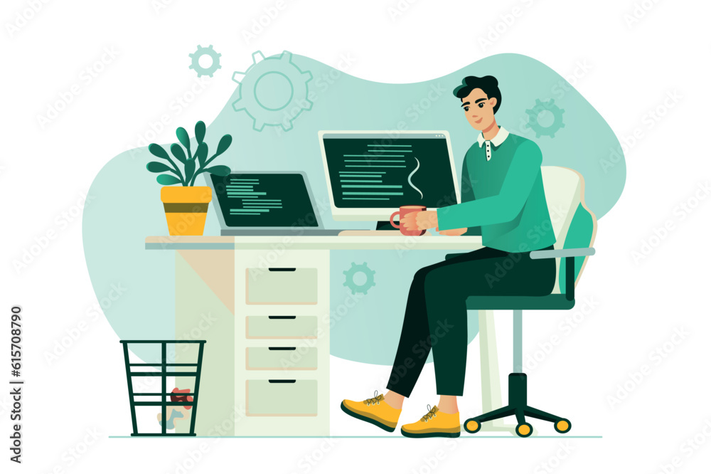 Programming concept with people scene in the flat cartoon design. A programmer works on creating code. Vector illustration.