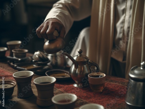 A traditional Arabic coffee serving ceremony  with a host pouring coffee from a dallah into small cups . Generative AI. 