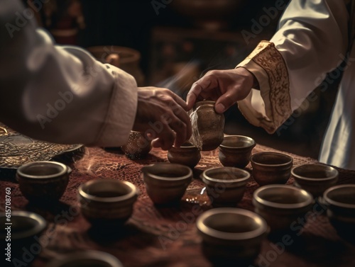 A traditional Arabic coffee serving ceremony, with a host pouring coffee from a dallah into small cups . Generative AI. 