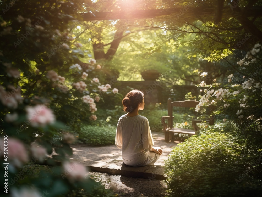 A woman meditating in a peaceful garden, surrounded by blooming flowers and tall trees, as rays of soft sunlight gently filter through the foliage . Generative AI. A woman meditating in a peaceful garden, surrounded by blooming flowers and tall trees, as rays of soft sunlight gently filter through the foliage . Generative AI.