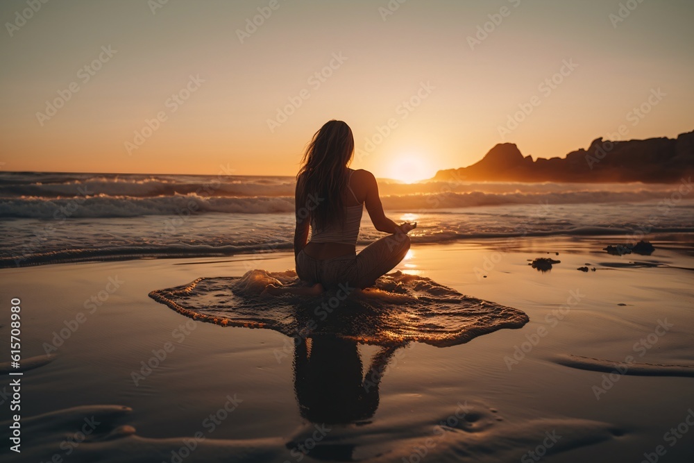 A woman practicing yoga on a serene beach at sunset, gracefully moving through a series of poses, while the calming sound of ocean waves fills the air . Generative AI. 