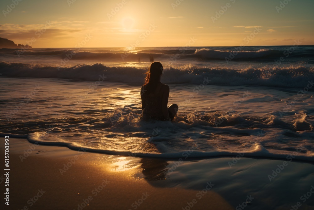 Fototapeta premium A woman practicing yoga on a serene beach at sunset, gracefully moving through a series of poses, while the calming sound of ocean waves fills the air . Generative AI. 