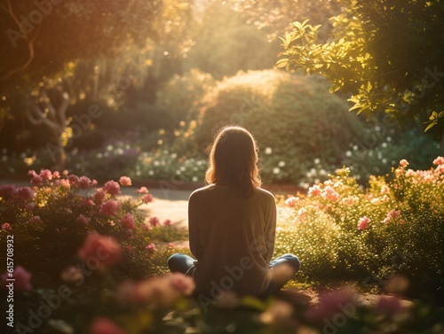 A woman meditating in a peaceful garden, surrounded by blooming flowers and tall trees, as rays of soft sunlight gently filter through the foliage . Generative AI. 