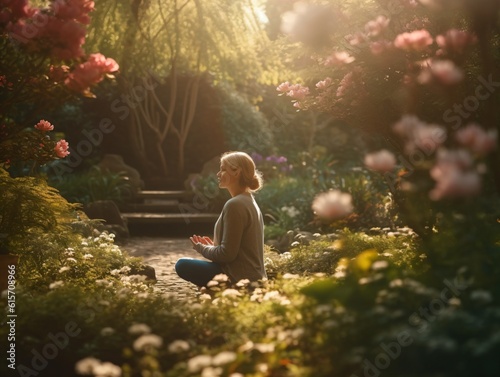 A woman meditating in a peaceful garden, surrounded by blooming flowers and tall trees, as rays of soft sunlight gently filter through the foliage . Generative AI. 