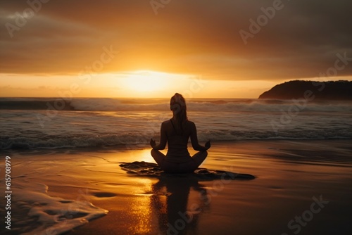 A woman practicing yoga on a serene beach at sunset, gracefully moving through a series of poses, while the calming sound of ocean waves fills the air . Generative AI.  © XtravaganT