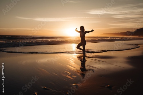 A woman practicing yoga on a serene beach at sunset, gracefully moving through a series of poses, while the calming sound of ocean waves fills the air . Generative AI.  © XtravaganT