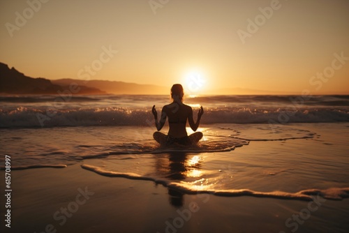 A woman practicing yoga on a serene beach at sunset, gracefully moving through a series of poses, while the calming sound of ocean waves fills the air . Generative AI. 