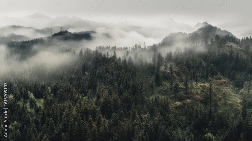 Misty foggy mountain landscape with forest. Generative AI
