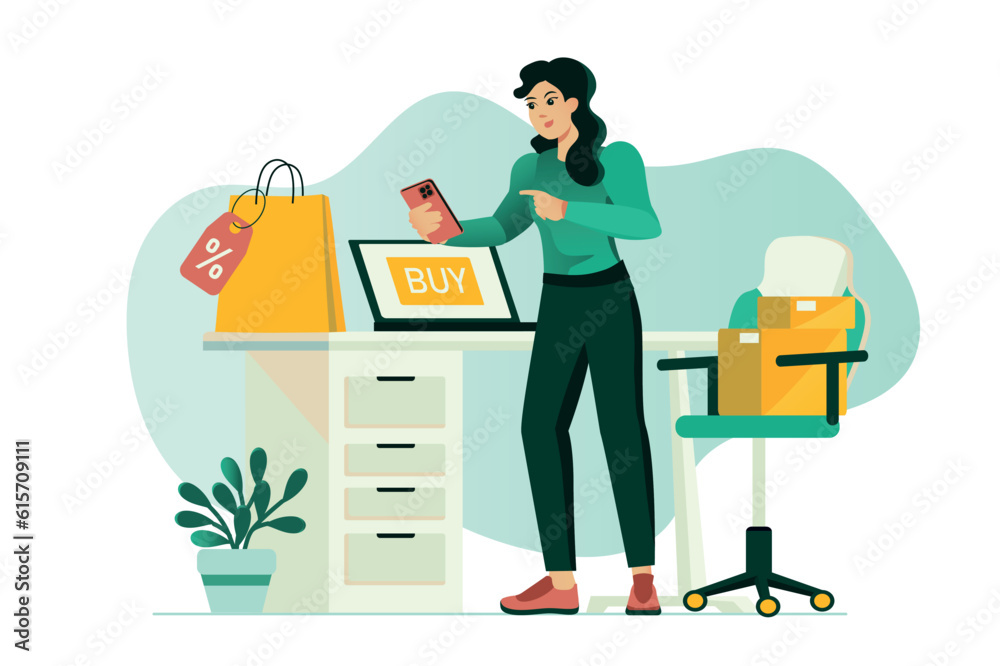 Online shopping concept with people scene in the flat cartoon design. A girl orders clothes with discounts in an online store. Vector illustration.